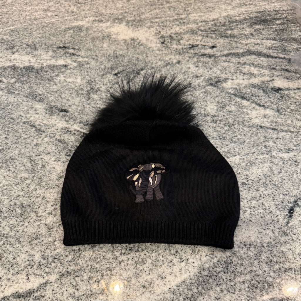 New Custom Designed Black Cashmere Blend Slouchy Pom Beanie With Elephant.